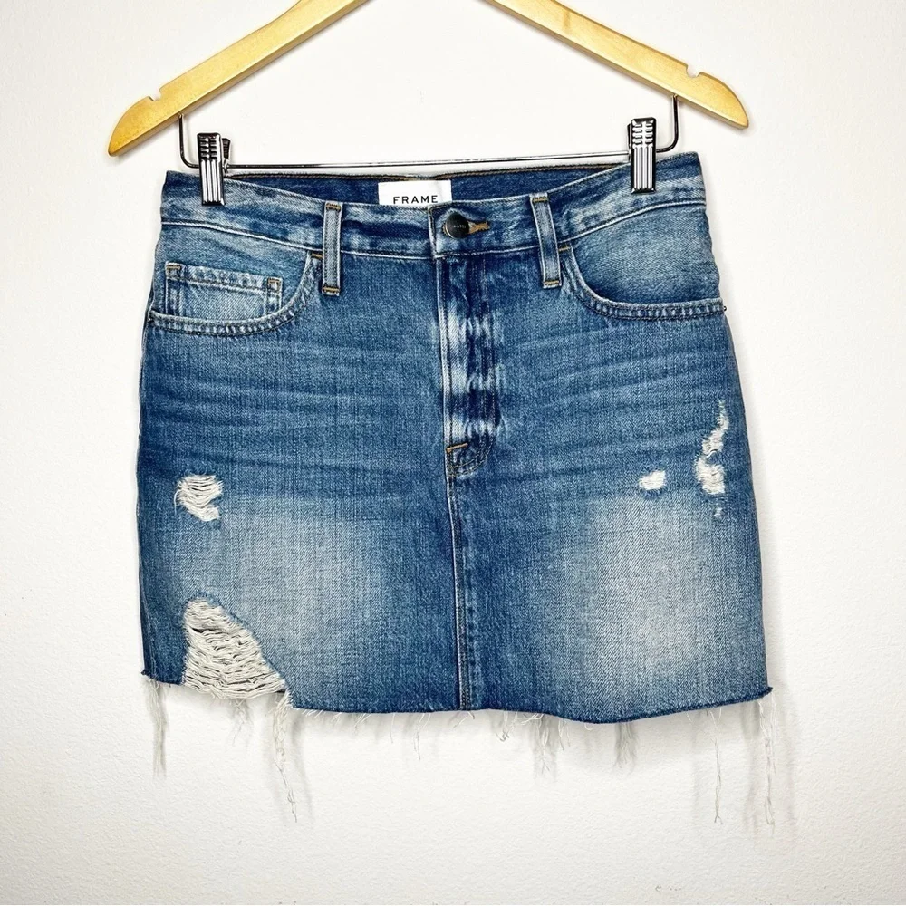 Frame Distressed Raw Hem Denim Skirt